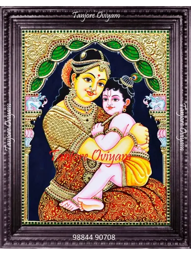 Tanjore painting Krishna and Yashodha showing mother Yashoda embracing child Krishna with traditional gold foil work